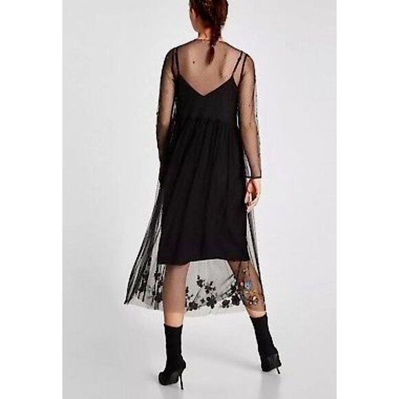 ZARA Dress S Black Floral Beads and Sequins Mesh Sheer Midi Long Sleeve Plumeti - Picture 14 of 15